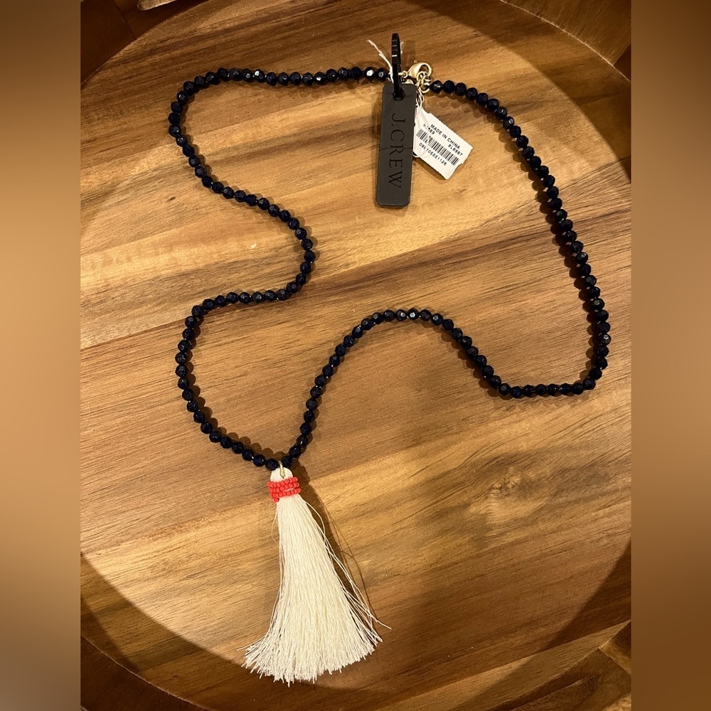 J.Crew White Tassel and Blue Acrylic Bead Necklace, NWT